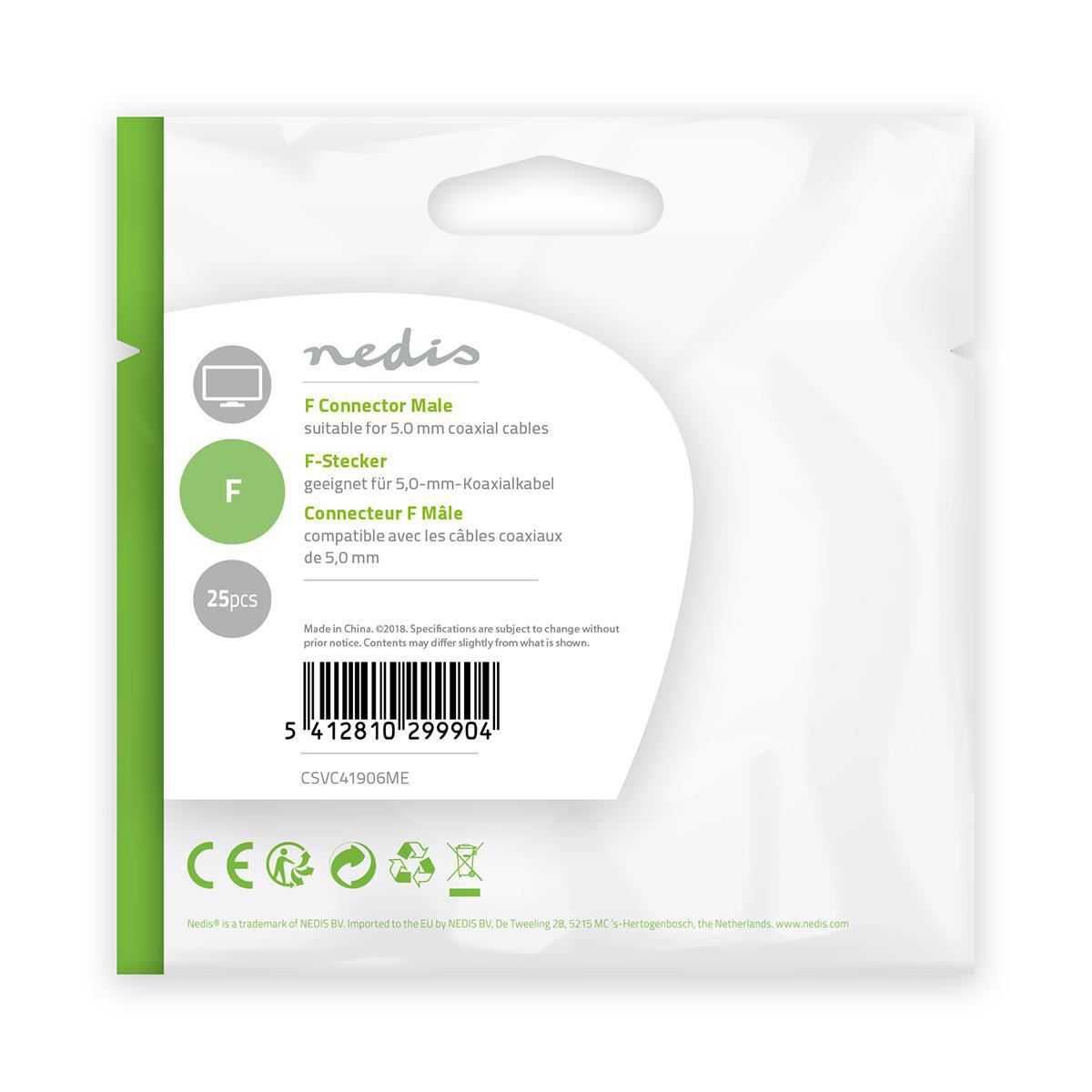Nedis F Connector Male For 5.0mm Coaxial Cables 25 pieces Metal - CSVC41906ME