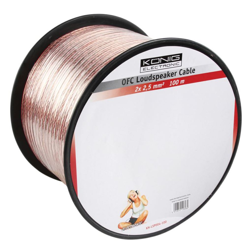 Konig OFC loudspeaker cable 2x 2.5 mm² on reel 100m transparent - CABR2500TR1000