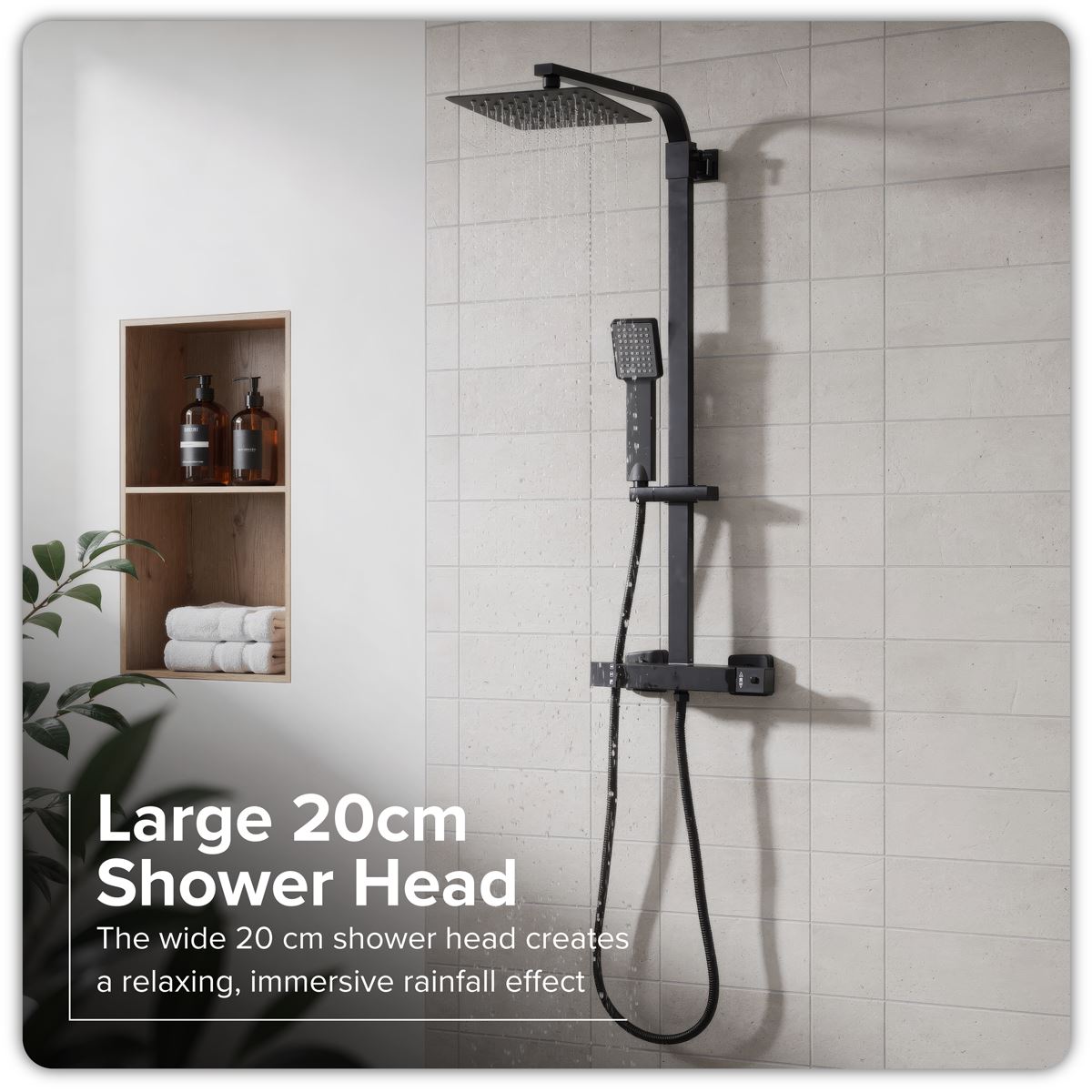 Baridi Thermostatic Shower Mixer Set, 20x20cm Square Head, Adjustable Rail