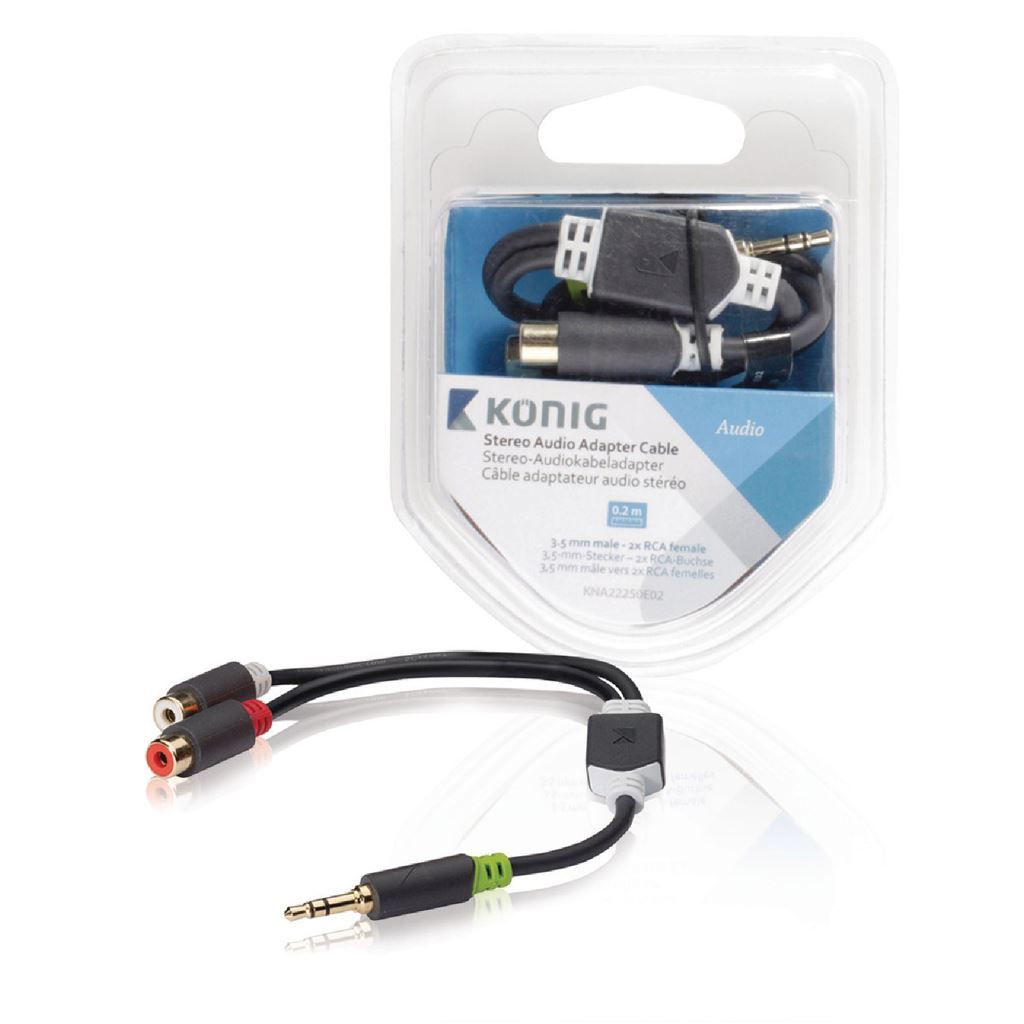 Konig Stereo audio adapter cable 3.5mm male to 2x RCA female 0.20m grey - CABW22250AT02