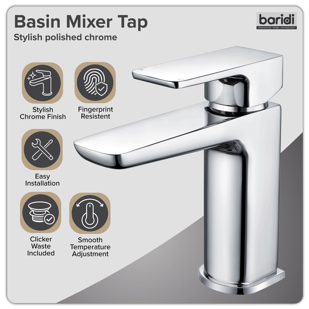 Baridi Basin Mixer Tap with Clicker Waste - Chrome DH392