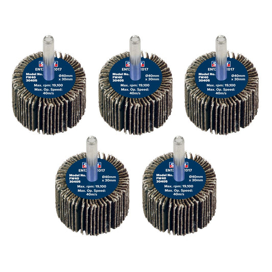 Sealey Flap Wheel 40 x 30mm 40Grit 6mm Shaft - Pack of 5 FW4030405
