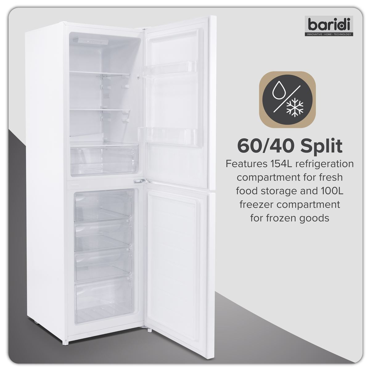 Baridi 60/40 Smart Frost Fridge Freezer 254L Capacity � White DH328
