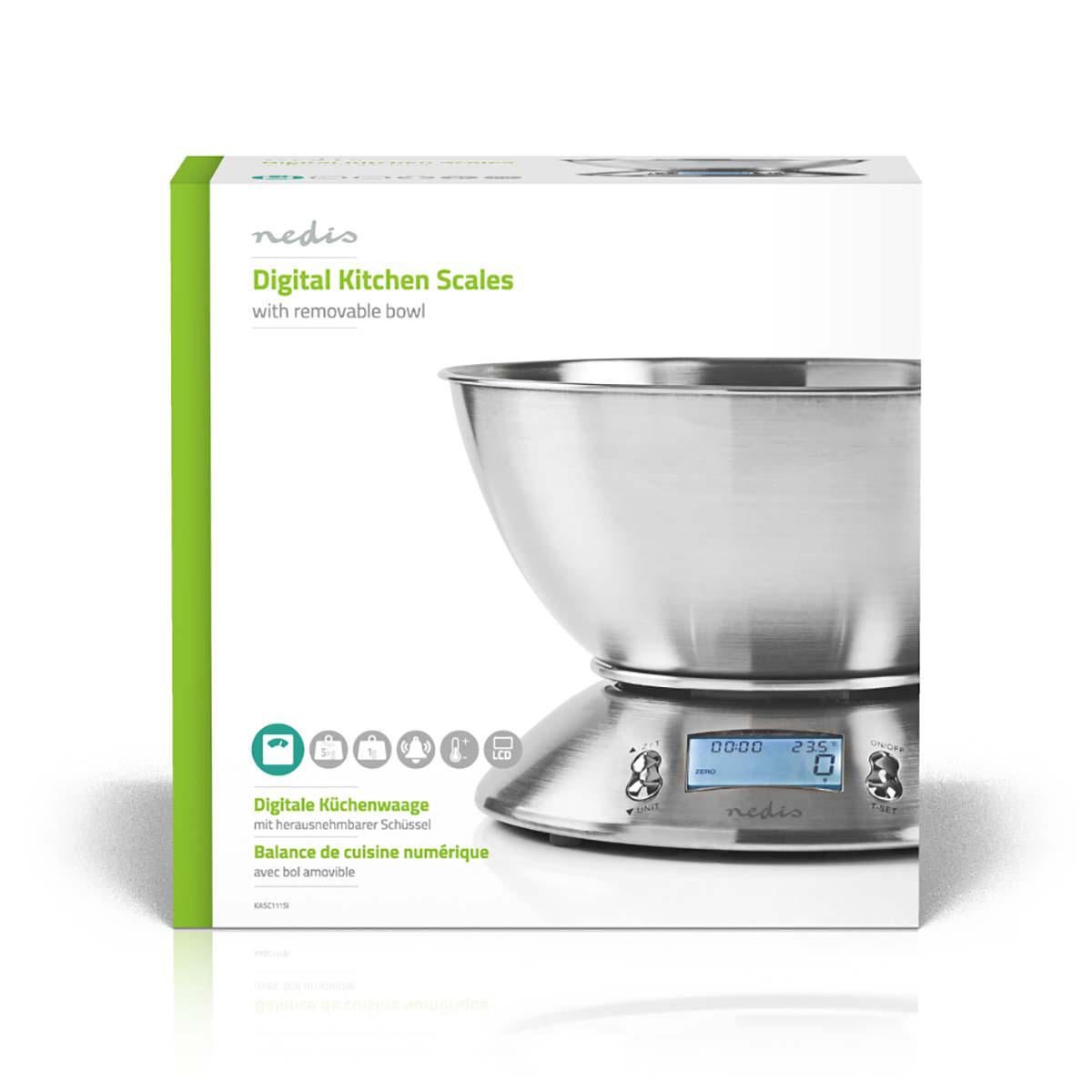 Nedis Digital Kitchen Scales Illuminated LCD Temperature Alarm Clock Metal - KASC111SI