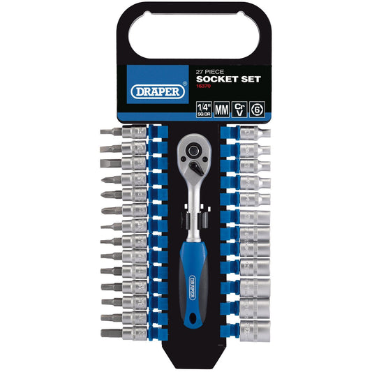 Draper Socket Set 1/4" Drive Metric 27pc 4-13mm + Screw Driver Bits Screwdriver - 16370