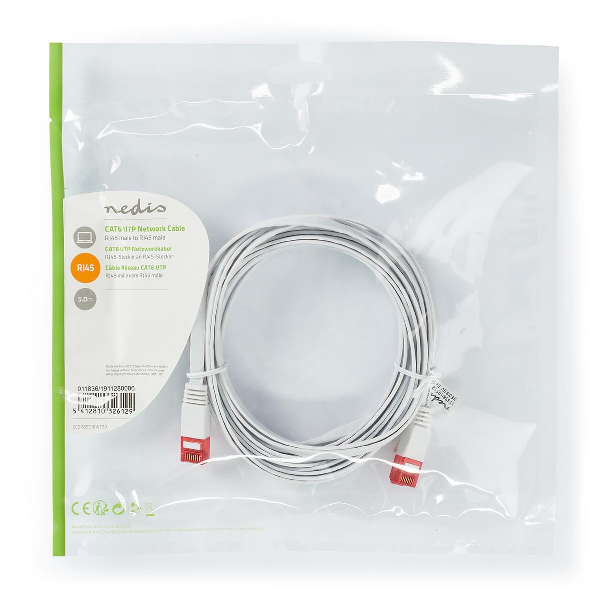 Nedis CAT6 UTP Network Flat Cable RJ45 Male to RJ45 Male 5m White - CCGP85216WT50