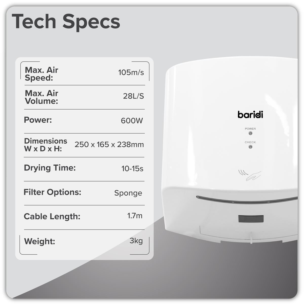 Baridi High Speed Hand Dryer with Auto Sensor 1400-1650W - White DH378