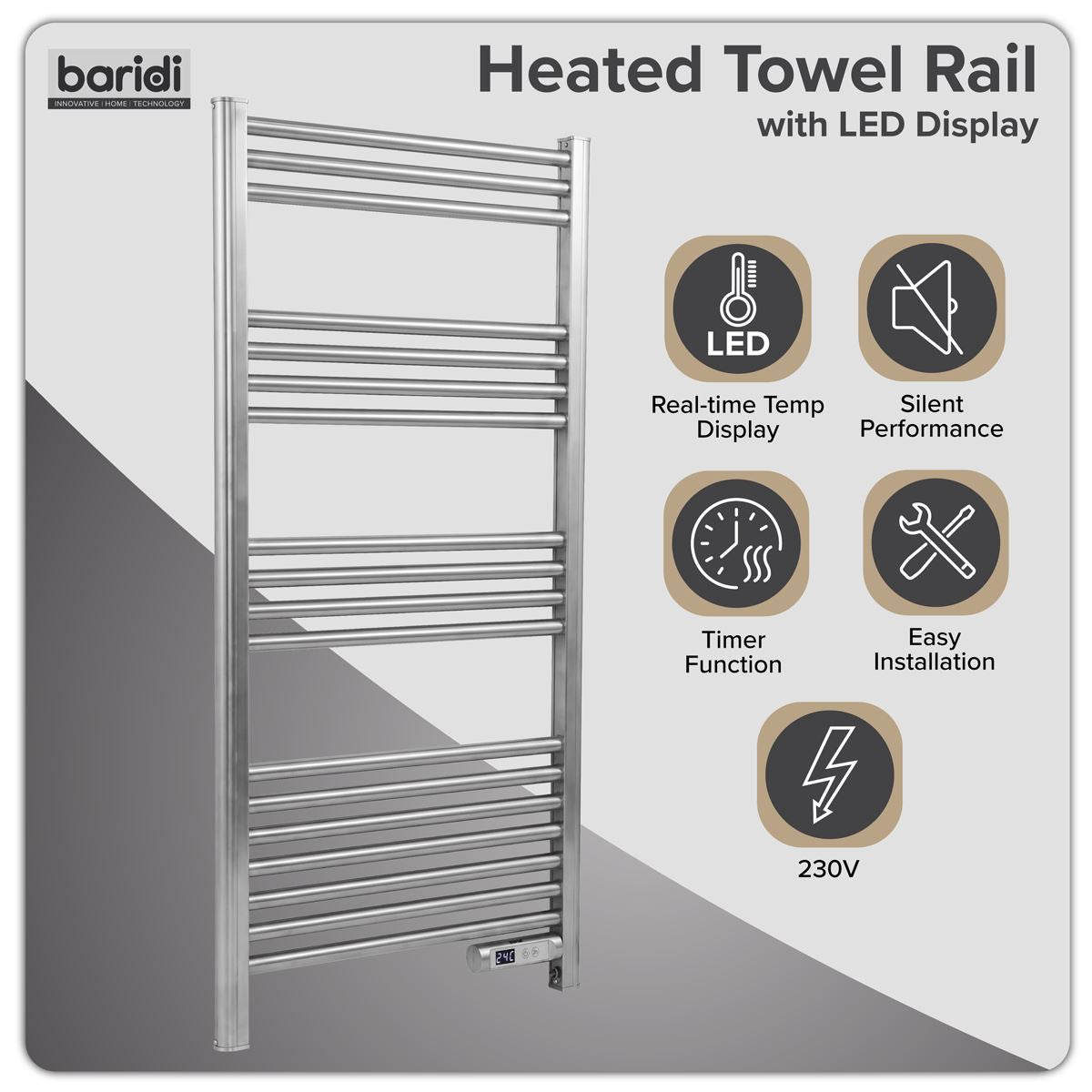 Baridi Electric Heated Towel Rail 1085 x 535mm with LED Display � Silver DH372