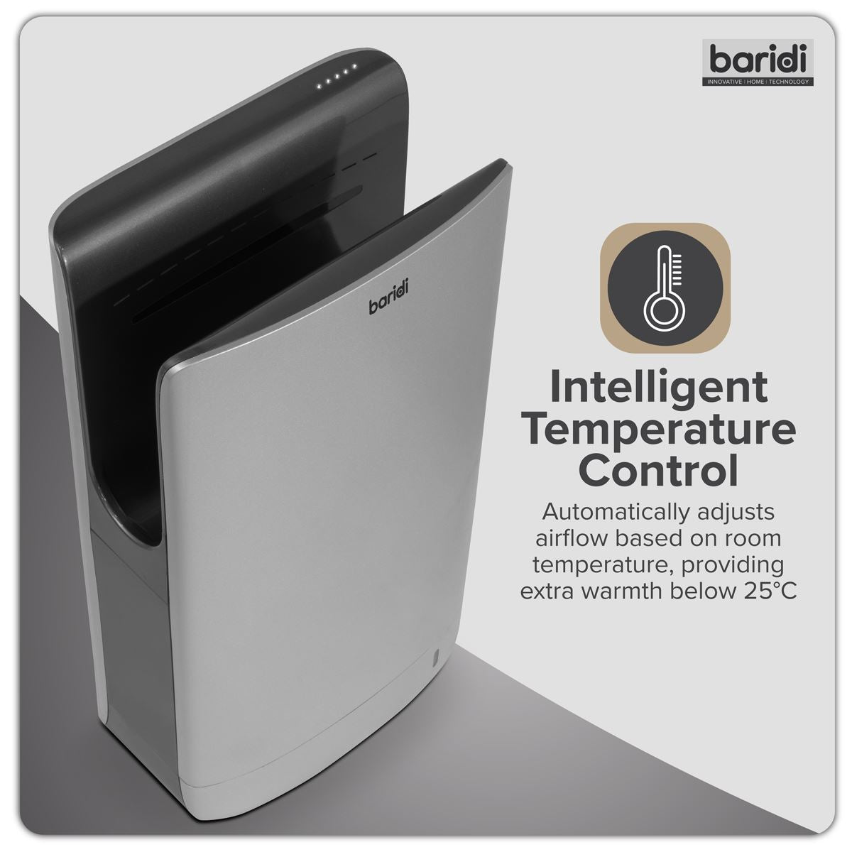 Baridi Hand Dryer with HEPA Filter & Auto-Sensor 1750W/230V - Silver DH150