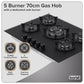 Baridi 70cm Gas Hob Matt Black with 5 Burners Cast Iron Supports & Auto Ignition