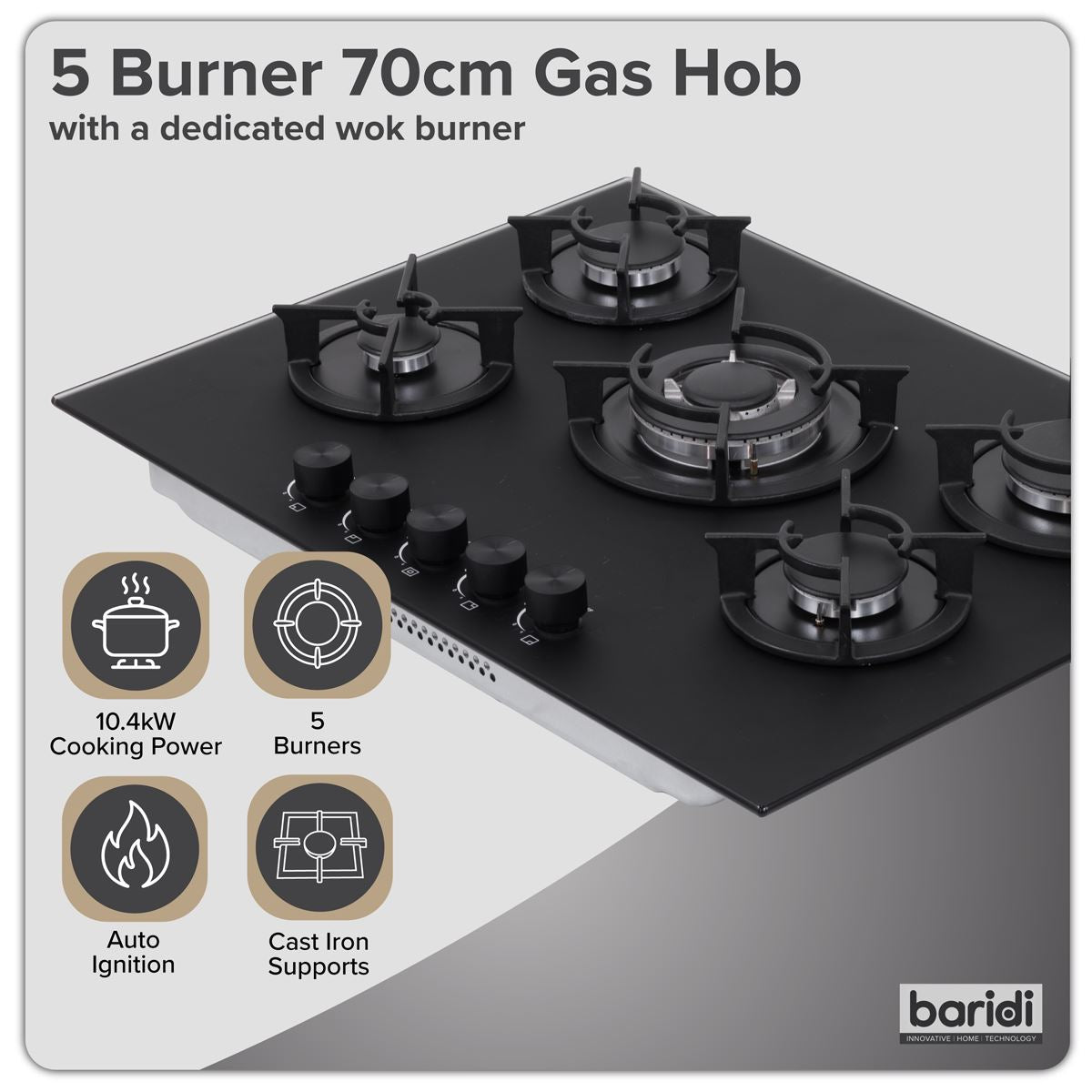 Baridi 70cm Gas Hob Matt Black with 5 Burners Cast Iron Supports & Auto Ignition