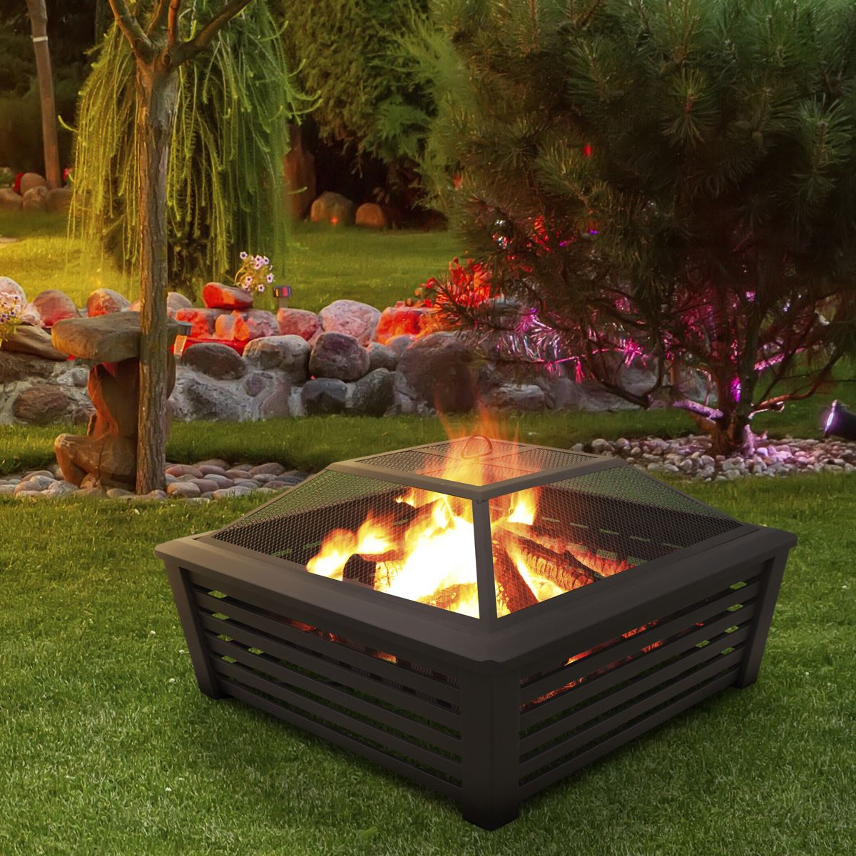 Dellonda 35" Square Outdoor Fire Pit, Black DG43