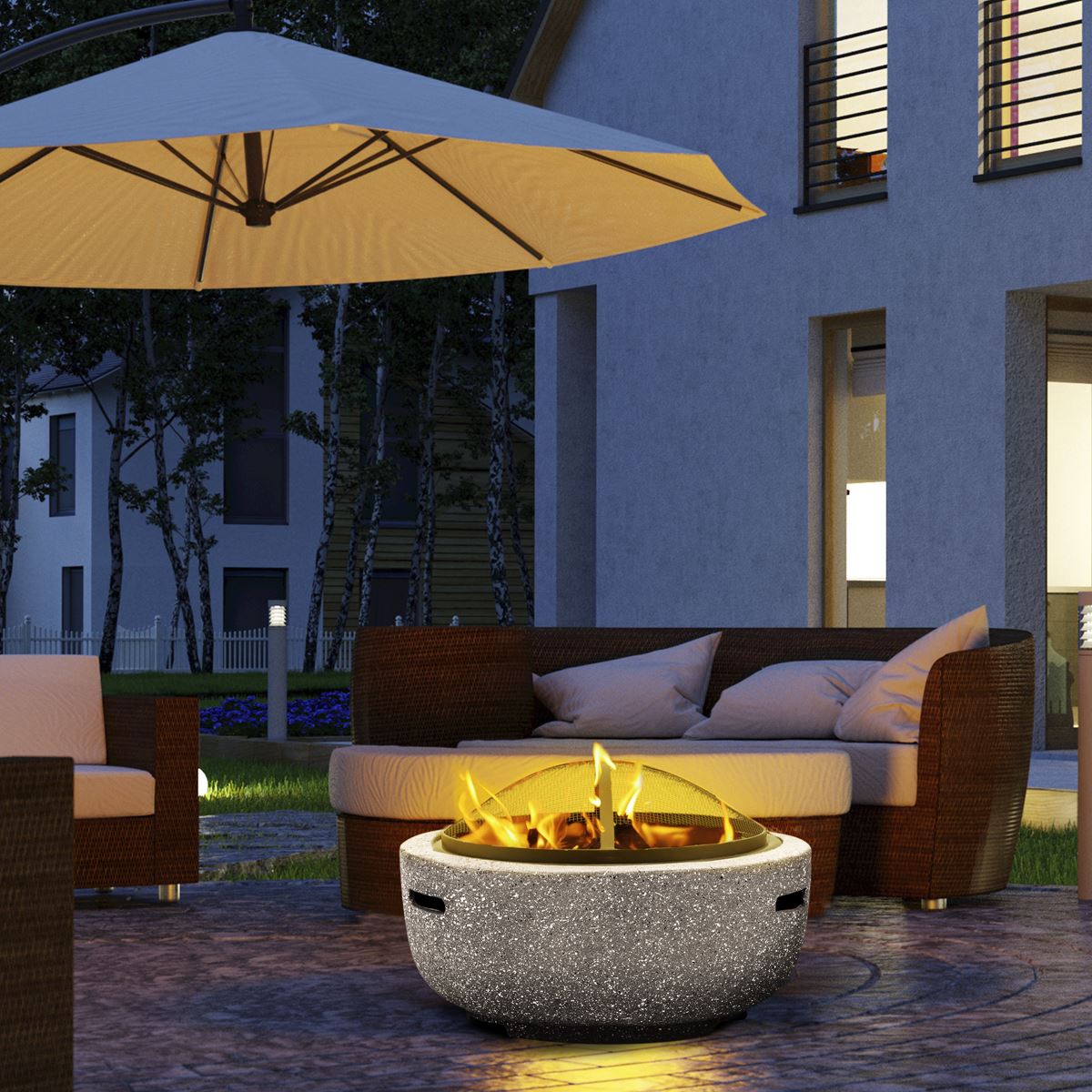 Dellonda Round MgO Fire Pit with BBQ Grill, 60cm, Safety Mesh Screen Light Grey