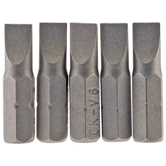 1x Pack Of 5 Draper Chrome Vanadium 6mm 1/4" Hex Plain Slot Insert Bit - 25mm - 64011