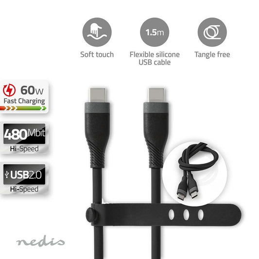 USB Cable USB 2.0 USB-C Male USB-C Male 60W 480Mbps Nickel Plated 1.5m Silicone