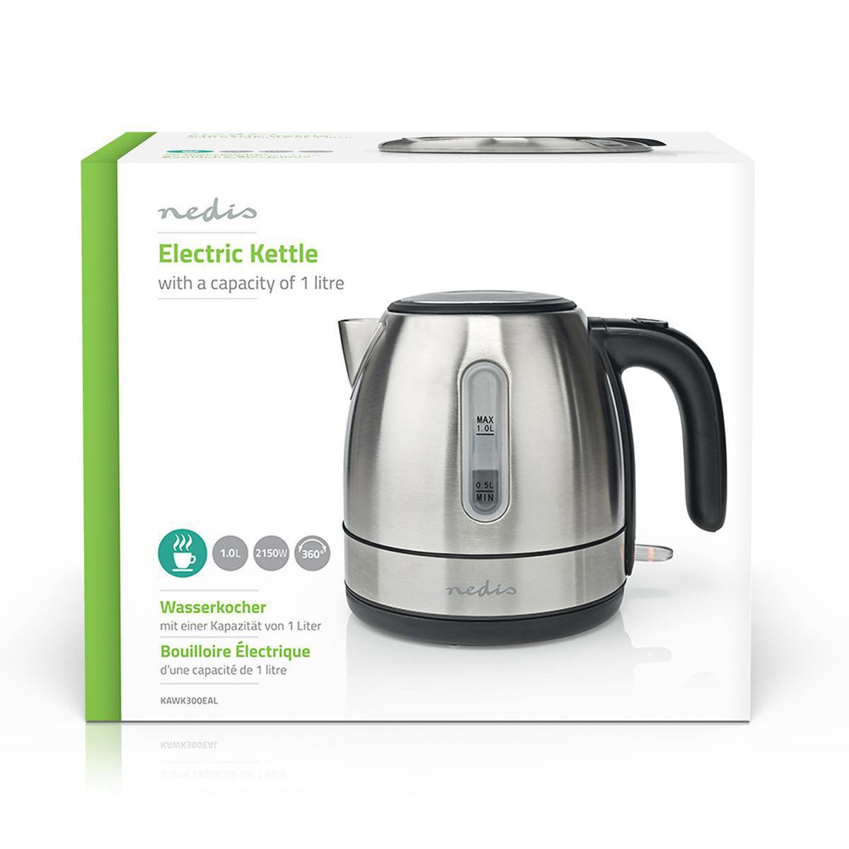 Nedis Electric Kettle 1L 360° Rotation Stainless Steel - KAWK300EAL