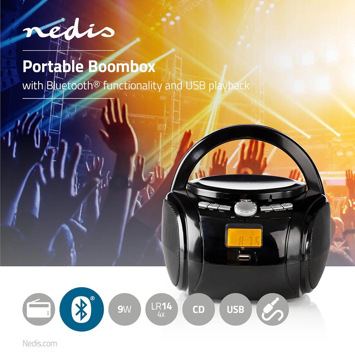 Nedis Boombox 9W Bluetooth® CD Player/FM Radio/USB/Aux Black