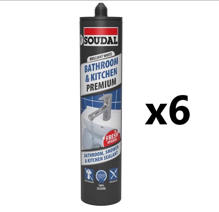 Soudal 6x Premium Bathroom, Kitchen & Shower Silicone Sealant - Brilliant WHITE (290ml)