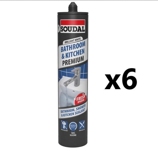 Soudal 6x Premium Bathroom, Kitchen & Shower Silicone Sealant - Brilliant WHITE (290ml)