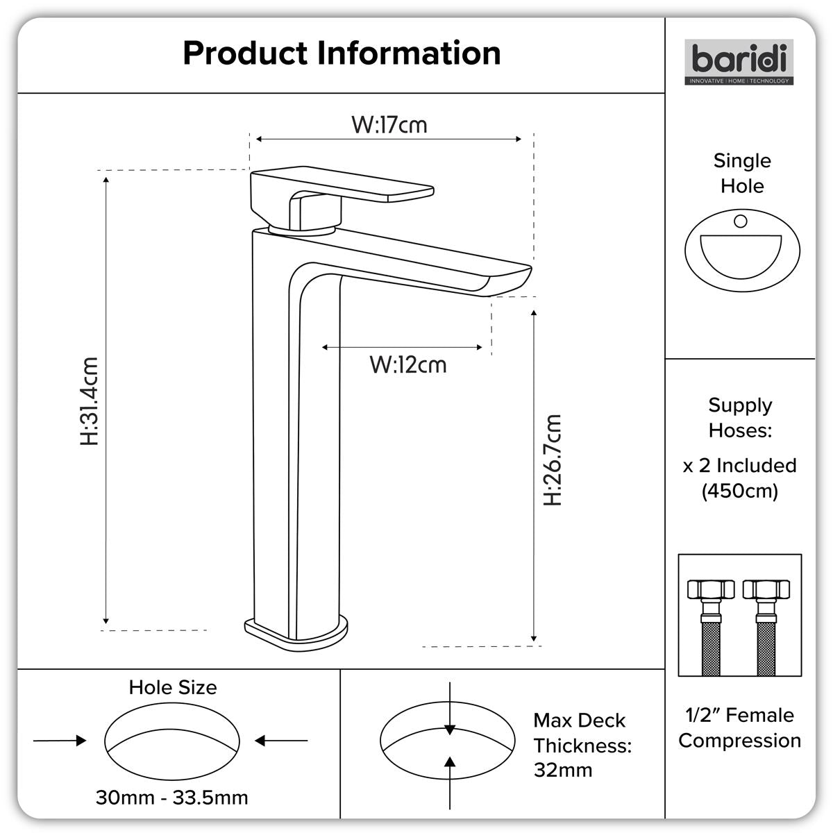 Baridi High Basin Mixer Tap with Clicker Waste - Chrome DH394
