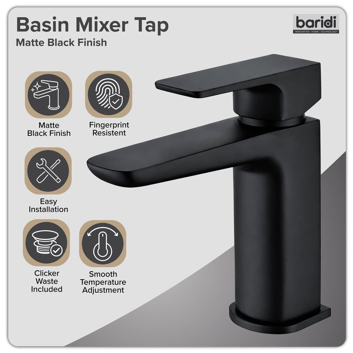 Baridi Basin Mixer Tap with Clicker Waste - Matt Black DH393