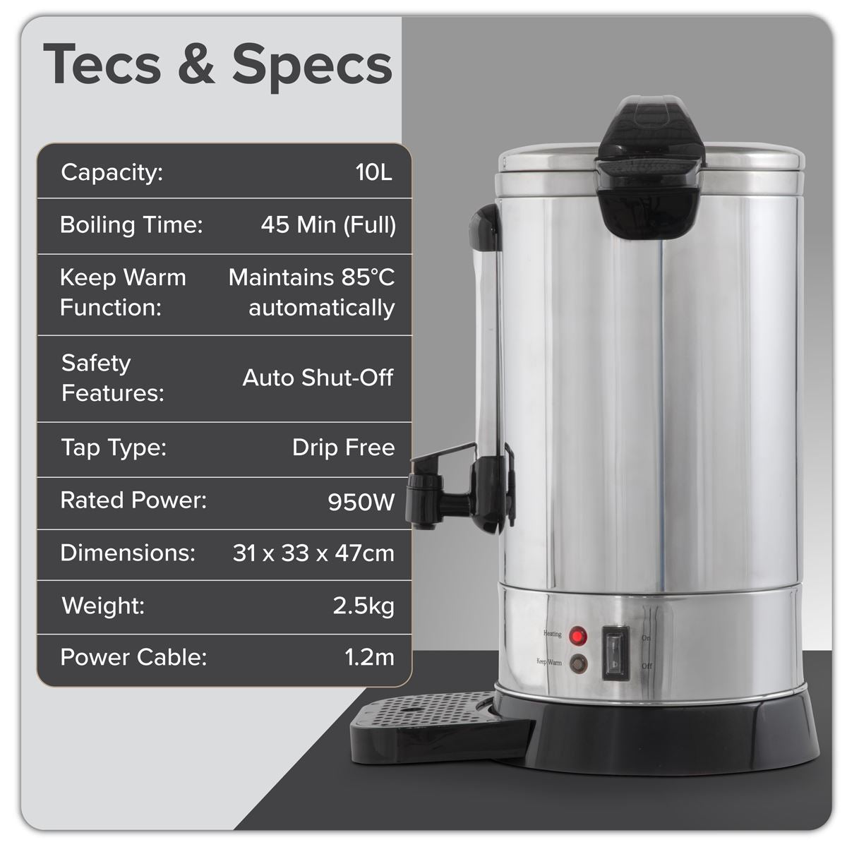 Baridi Hot Water Boiler/Tea Urn 10L Capacity, Stainless Steel DH269
