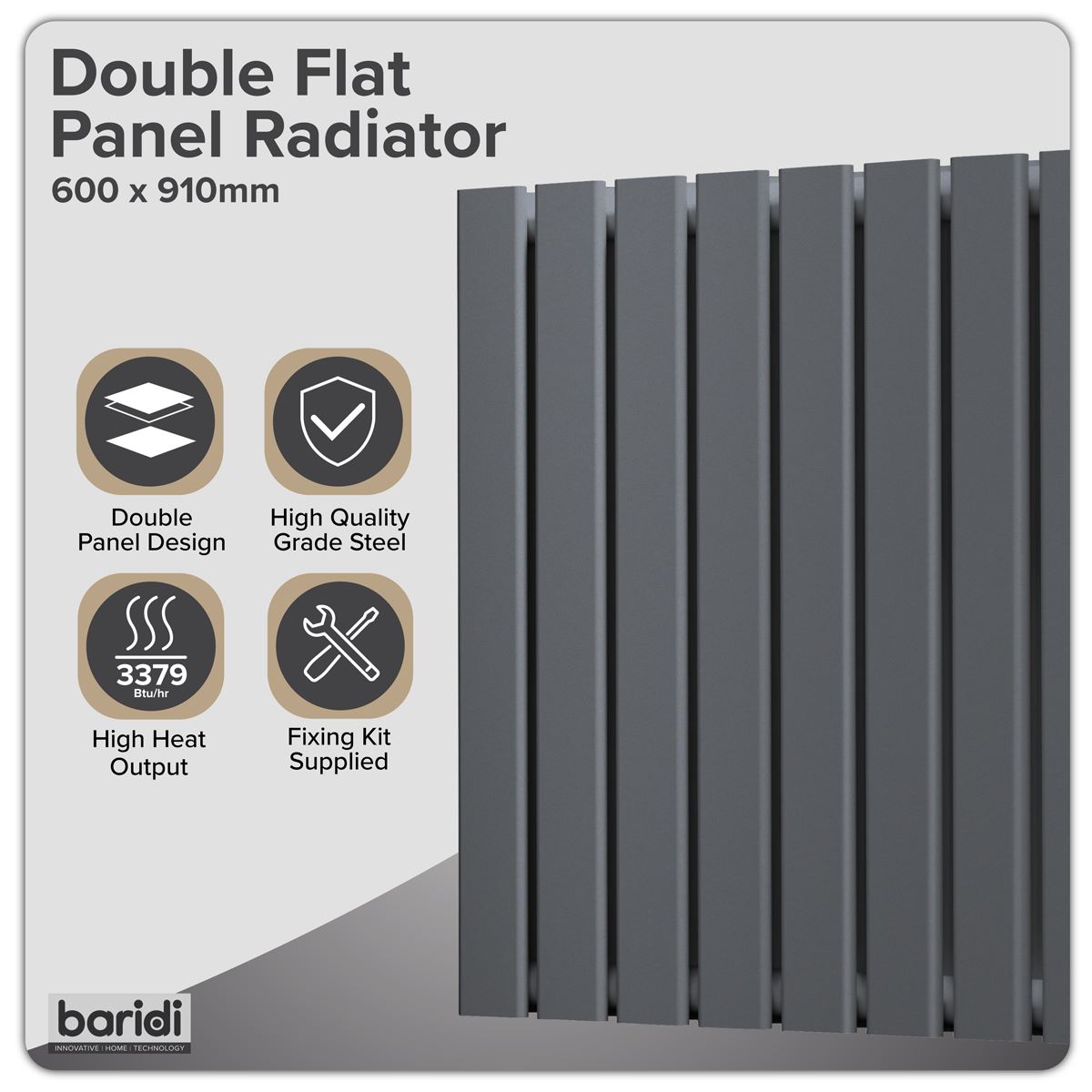 Baridi Horizontal Radiator Contemporary Double Flat Panel Design 600 x 910mm � Anthracite DH341