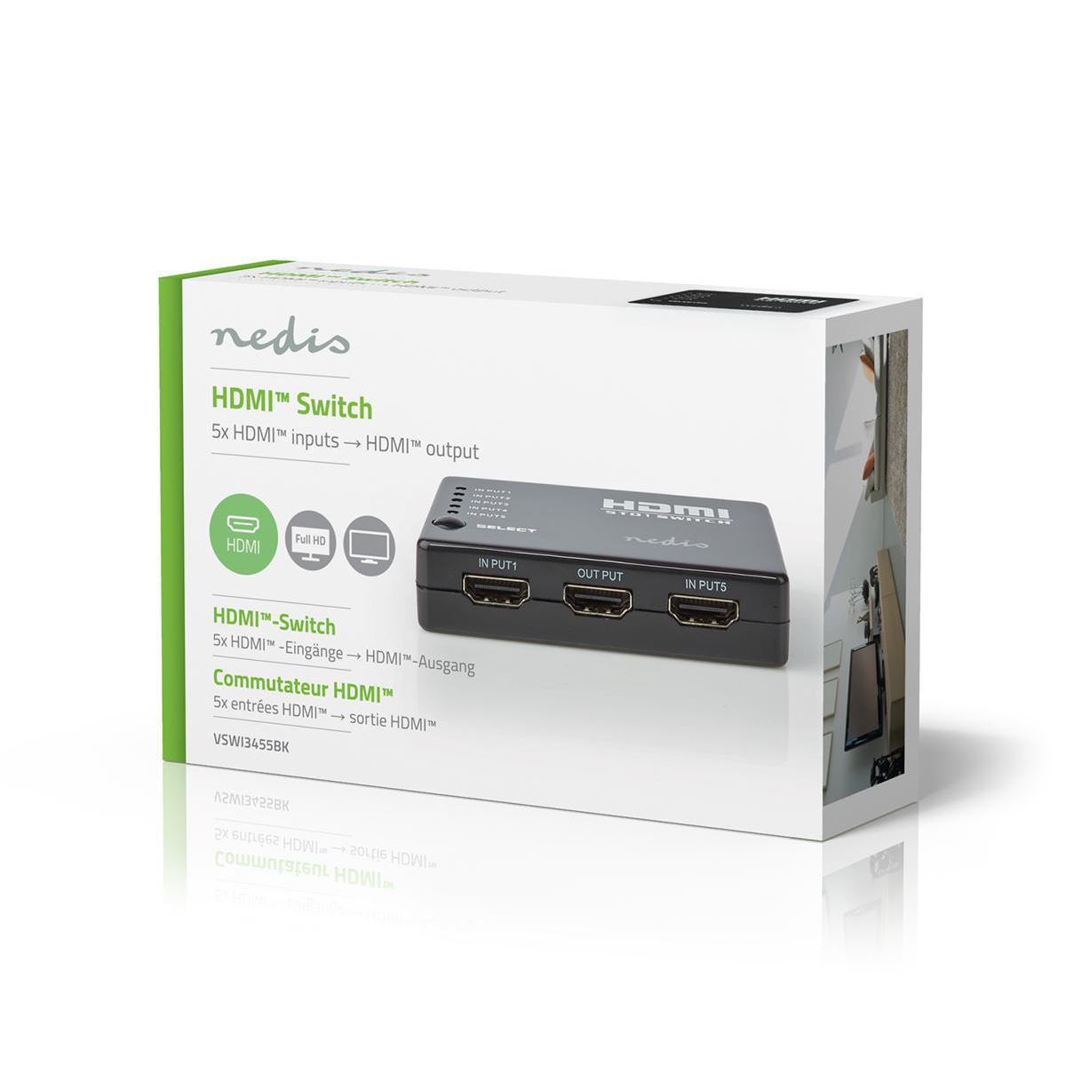 Nedis HDMI Switch 5-Port 4x HDMI Input 1x HDMI Output 1080p 3.4 Gbps Black - VSWI3455BK