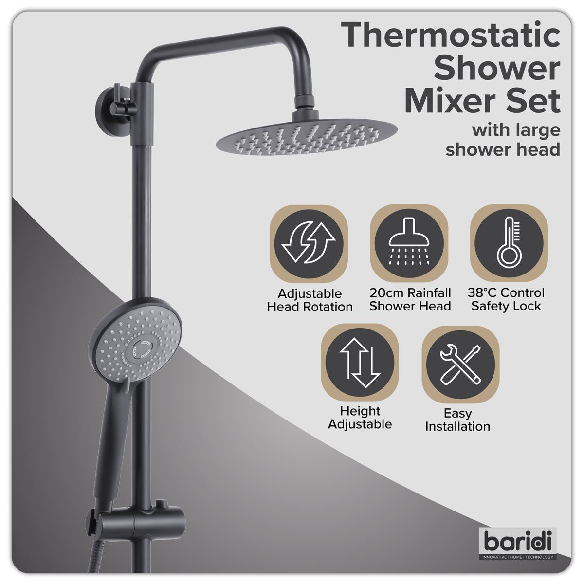 Baridi Thermostatic Shower Mixer Set, 20cm Round Head, Adjustable Rail - Black