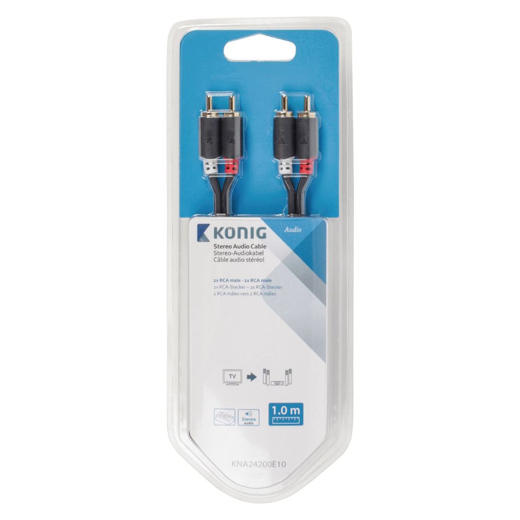 Konig Stereo audio cable 2x RCA male to 2x male 1m grey - CABW24200AT10