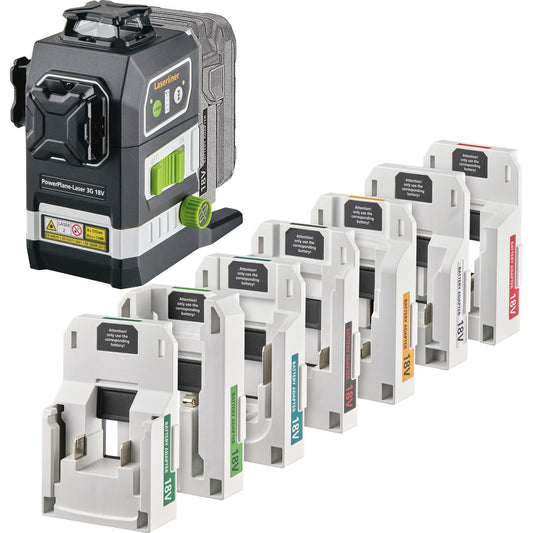 Laserliner 036.380-1 PowerPlane-Laser 3G Multi-18V Three-Dimensional Green Laser Kit with 7 Power Adapters