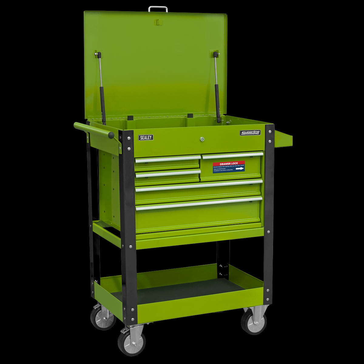 Sealey Superline Pro Heavy-Duty Mobile Tool & Parts Trolley with 5 Drawers and Lockable Top- Hi-Vis Green AP890MHV