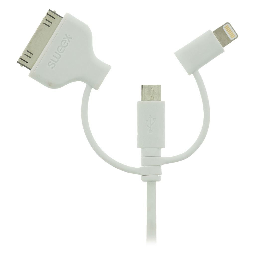 Sweex 3 in 1 sync and charge cable USB 2A male to Micro B male + Lightning adapter + 30-pin dock adapter 1m white