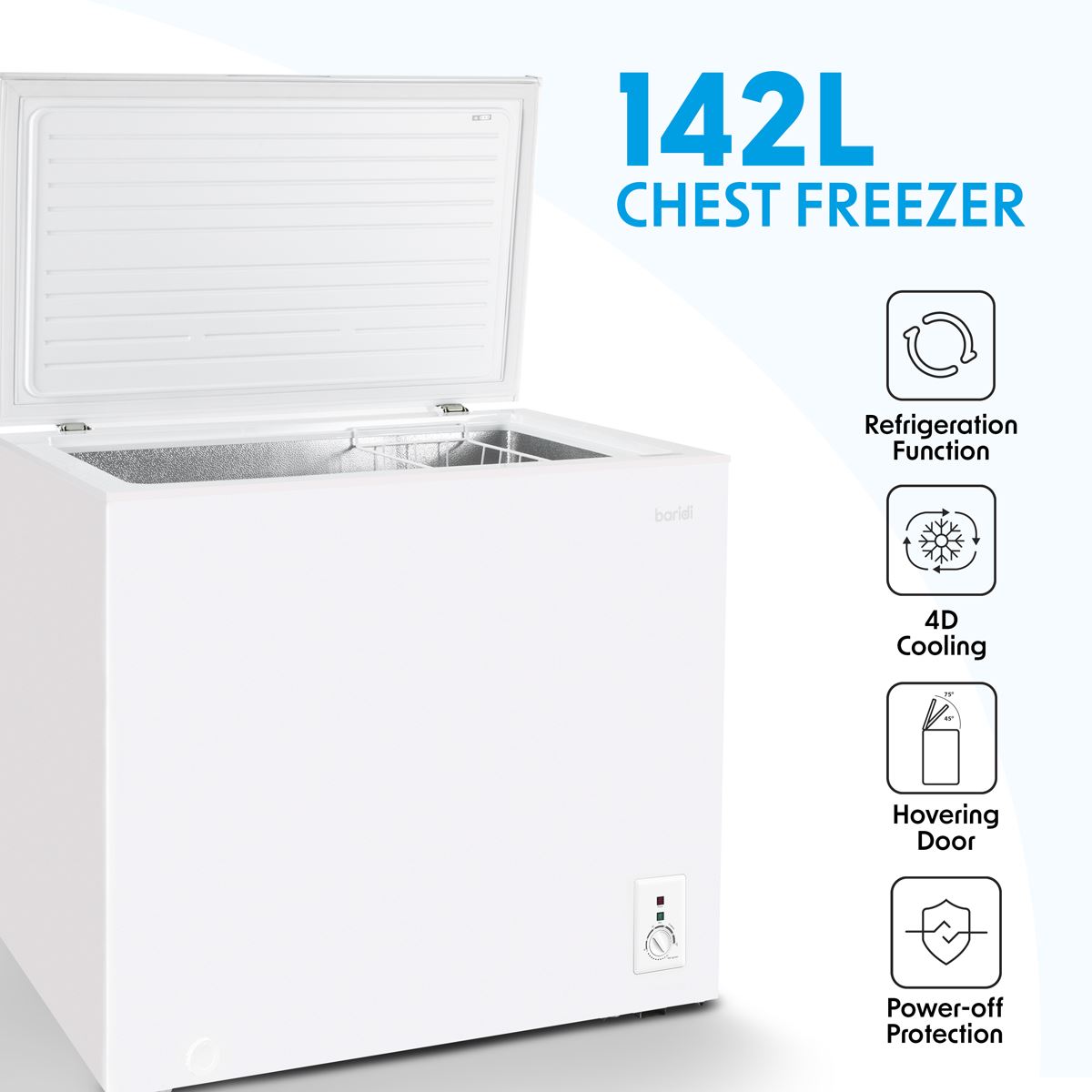 Sealey Baridi Freestanding Chest Freezer, 142L Capacity, Garages and Outbuilding Safe, -12 to -24�C Adjustable Thermostat with Refrigeration Mode, White DH120
