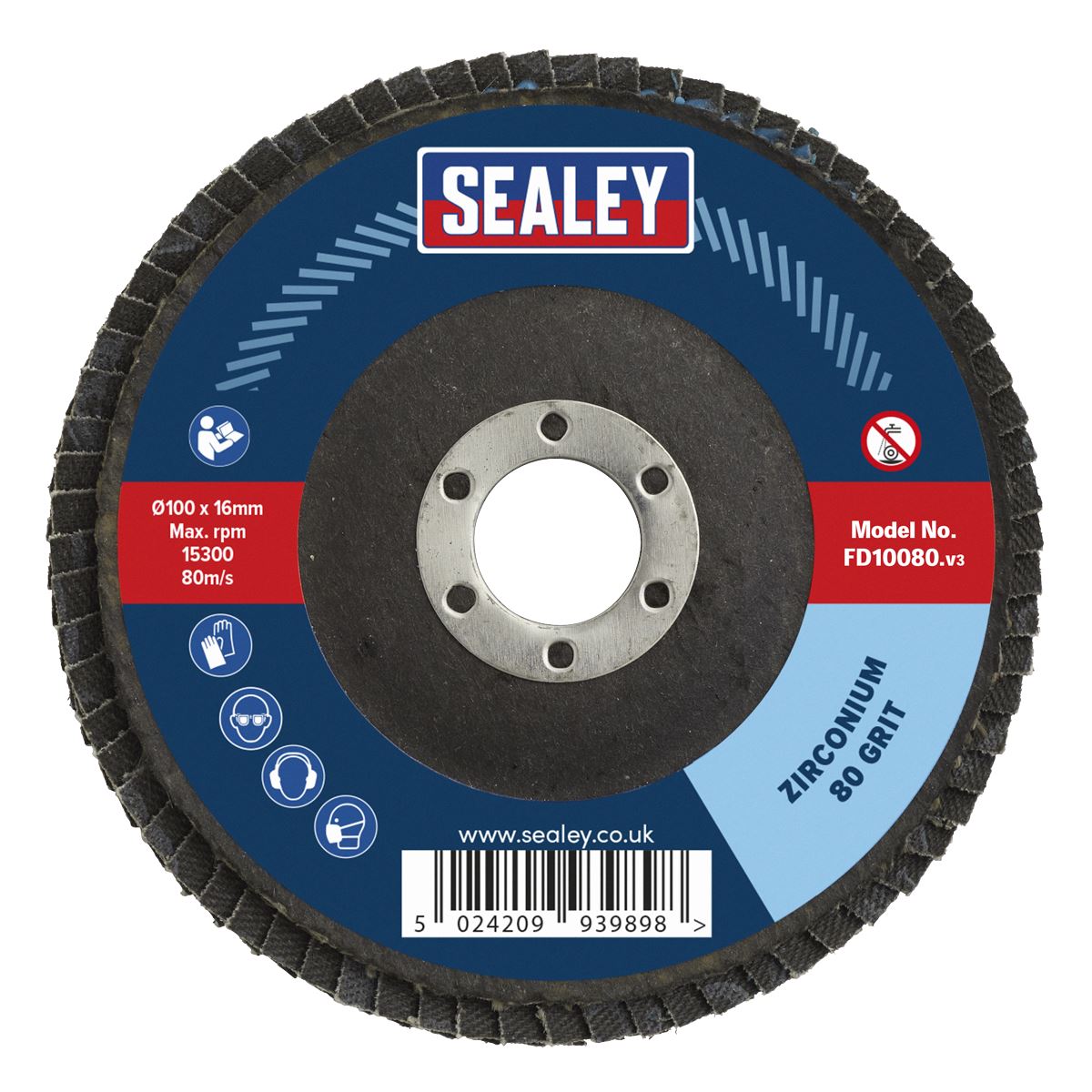 Sealey Flap Disc Zirconium 100mm 16mm Bore 80Grit FD10080