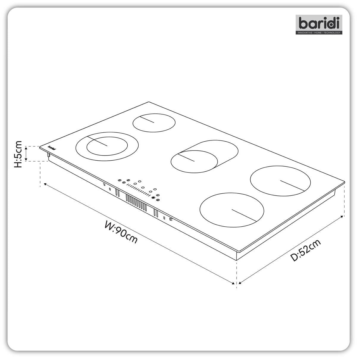 Baridi Integrated Ceramic Hob with 5 Cooking Zones 90cm - Black Glass DH389