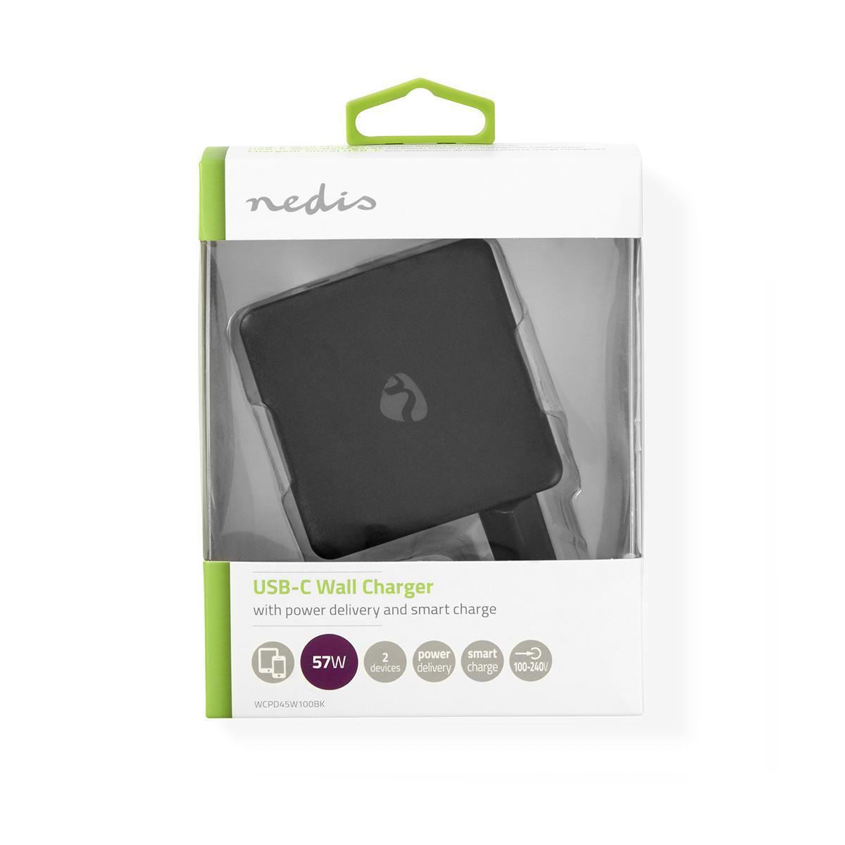 Nedis Wall Charger 3.0A USB/USB-C Power Delivery 45W Black WCPD45W100BK