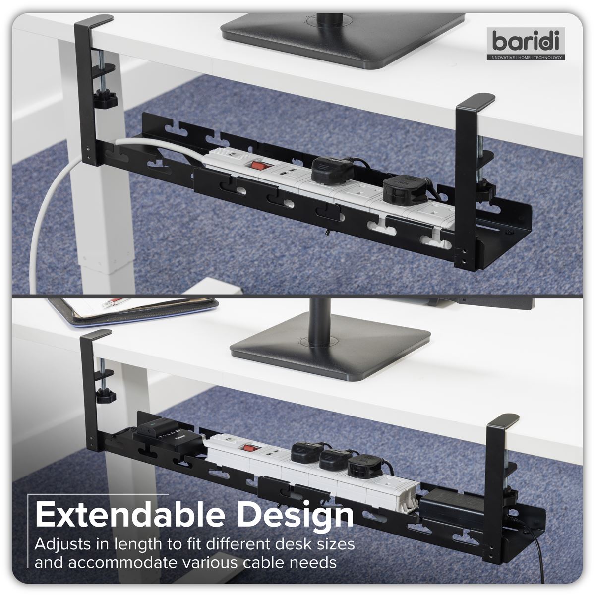 Dellonda Extendable Cable Management Tray 435/730 x 130 x 190 - Black DH276