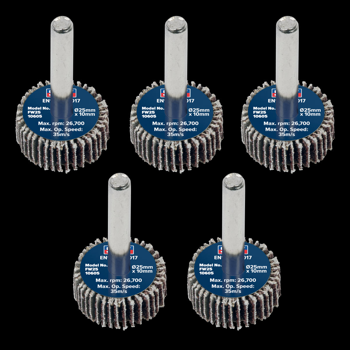 Sealey Flap Wheel 25 x 10mm 6mm Shaft 60Grit - Pack of 5 FW2510605