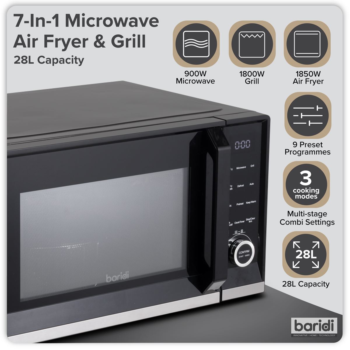 Baridi 7-in-1 Air Fryer Microwave & Grill, 28L Capacity - Black DH277