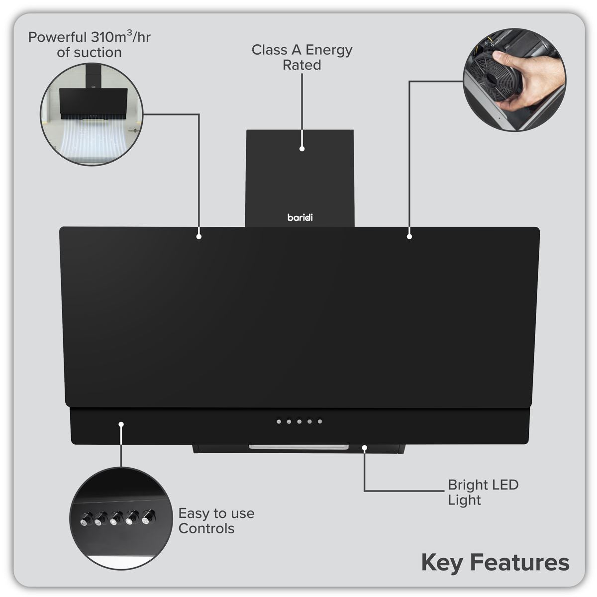 Baridi Angled Chimney Cooker Hood with Carbon Filters & LED Lamp 90cm