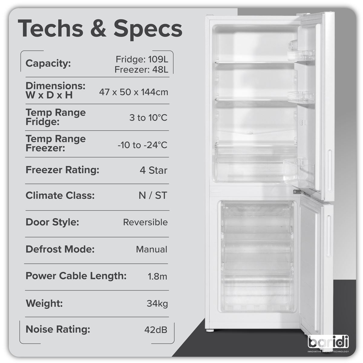 Baridi 70/30 Low Frost Fridge Freezer 157L Capacity - White DH252