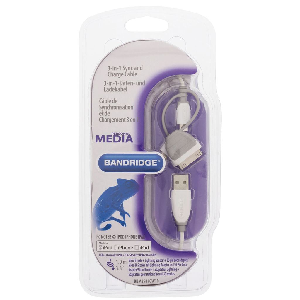 Bandridge 3-in-1 sync and charge cable USB 2A male to Micro B male with attached Lightning adapter + 30-pin dock adapter 1m white - BBM39410W10