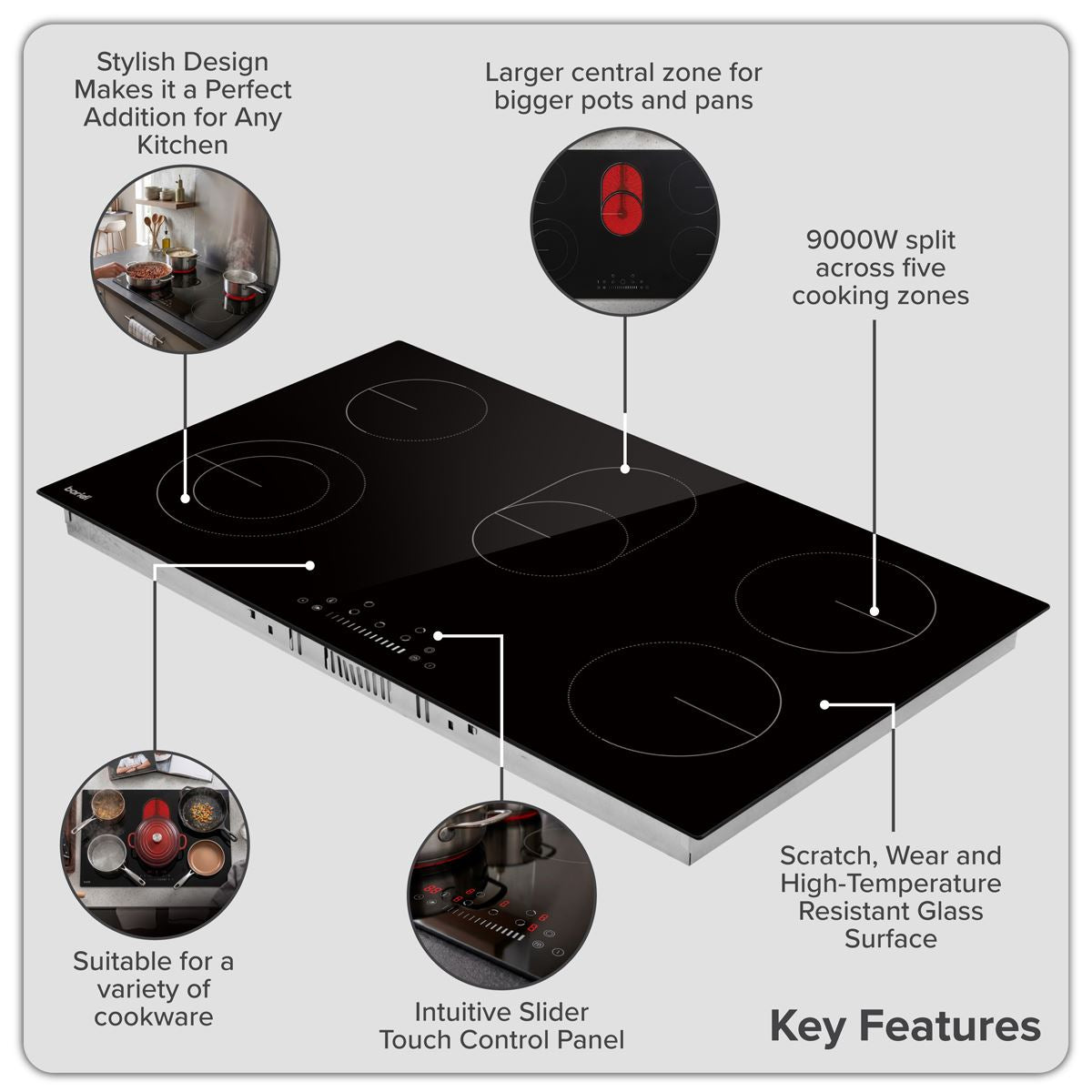 Baridi Integrated Ceramic Hob with 5 Cooking Zones 90cm - Black Glass DH389