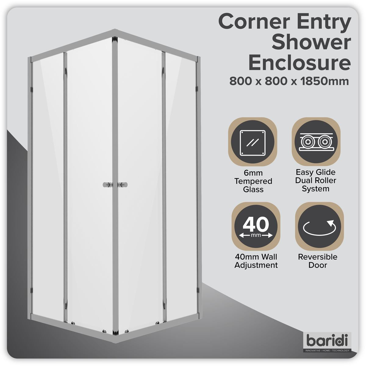 Baridi Corner Shower Entry Enclosure 800 x 800 x 1850mm with 6mm Tempered Glass - Chrome DH298