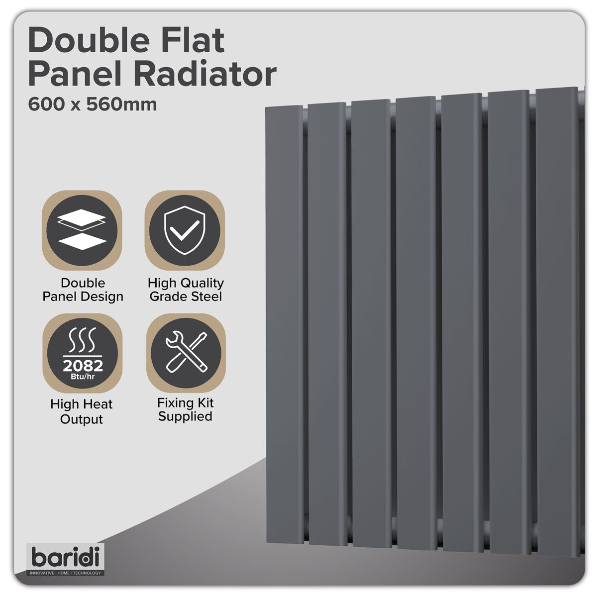Baridi Horizontal Radiator Contemporary Double Flat Panel Design 600 x 560mm � Anthracite DH339