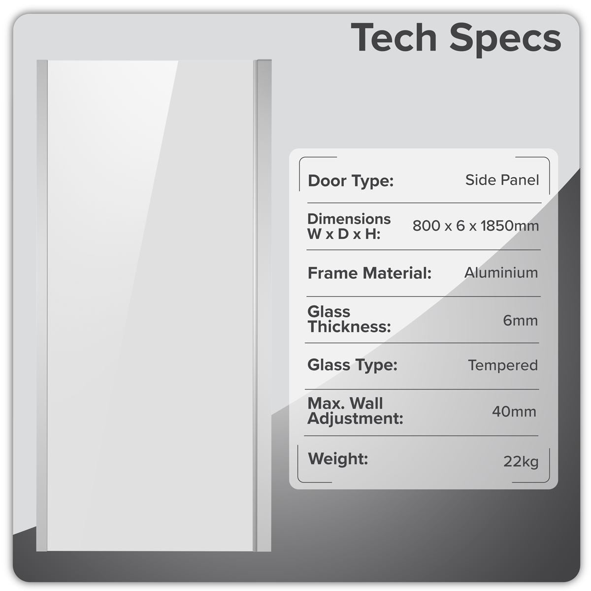 Baridi Side Panel for Sliding Shower Doors, 6mm Tempered Glass - Chrome DH296