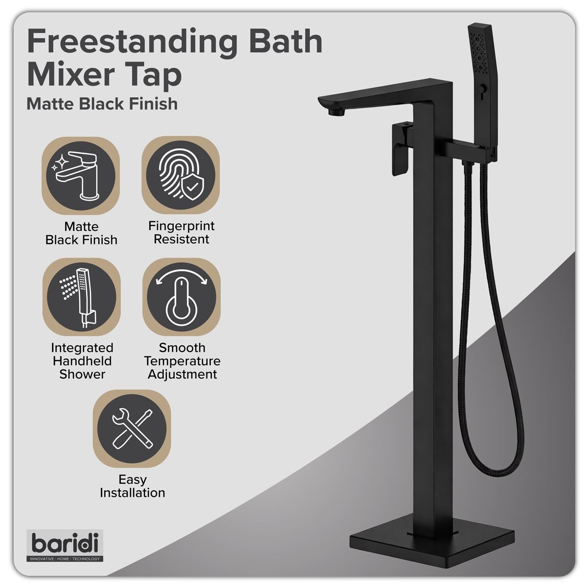 Baridi Freestanding Bath Mixer Tap with Shower - Matt Black DH401