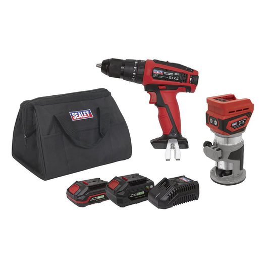 Sealey 2 x 20V SV20 Series Cordless Router & Combi Drill Kit - 2 Batteries CP20VCOMBO12