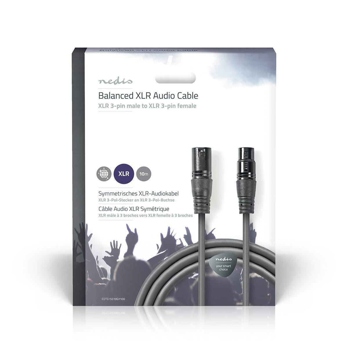 Nedis Balanced XLR Audio Cable XLR 3-Pin Male to XLR 3-Pin Female 10m Grey - COTG15010GY100